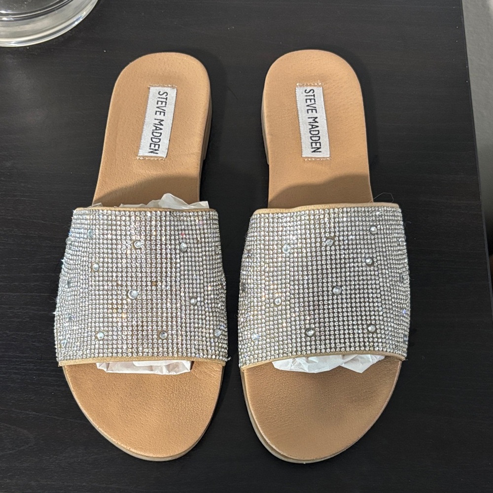 Steve Madden Tan Footbed Silver Crystal Slide Sandals